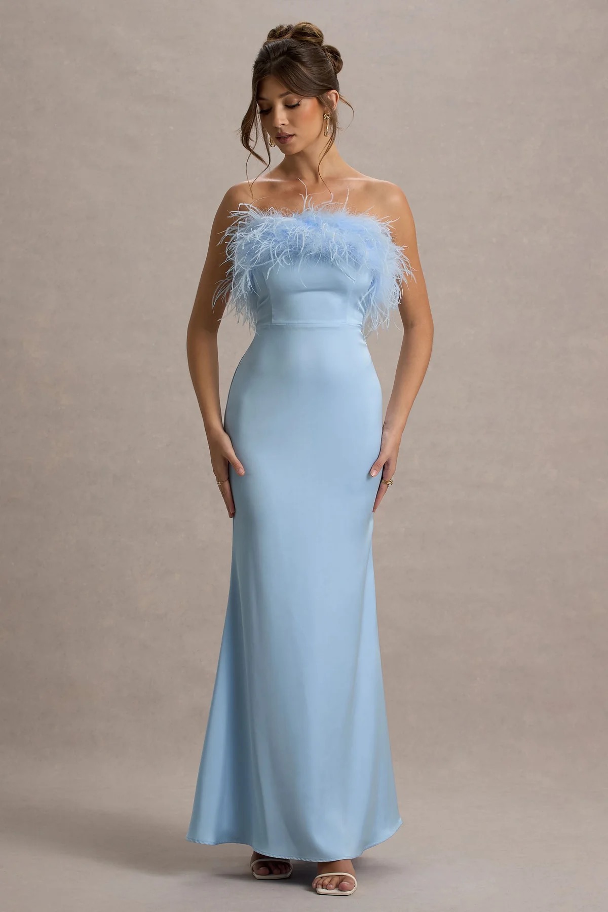 Feather Trim Blue Gown